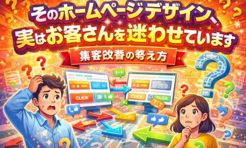 お客さんが迷ってしまうホームページデザインの問題点を示したイラスト。複雑な導線や分かりにくい構成により、集客につながらない状態を表現している。