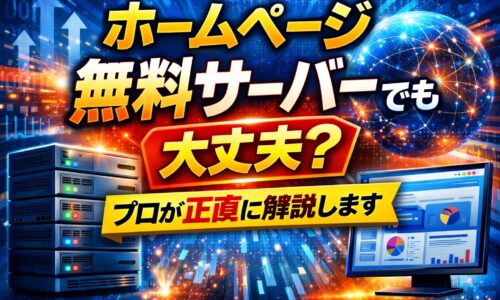 ホームページ無料サーバーでも集客できるかをプロ視点で解説する記事のアイキャッチ画像。サーバー機器とデータ画面を背景に判断基準を示している