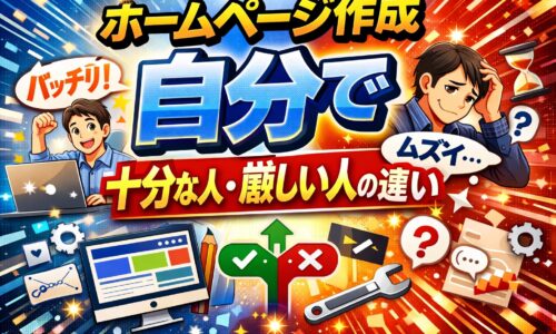 ホームページ作成を自分で進めて成果が出る人と、途中で行き詰まる人の違いを、作業に自信を持つ人物と悩む人物の対比で表現している