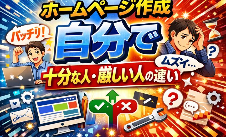 ホームページ作成を自分で進めて成果が出る人と、途中で行き詰まる人の違いを、作業に自信を持つ人物と悩む人物の対比で表現している