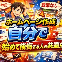 ホームページ作成を自分で進めて順調に判断できている人と、迷いや不安を抱え立ち止まる人の違いを、対比構図で分かりやすく示している
