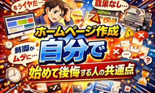 ホームページ作成を自分で進めて順調に判断できている人と、迷いや不安を抱え立ち止まる人の違いを、対比構図で分かりやすく示している