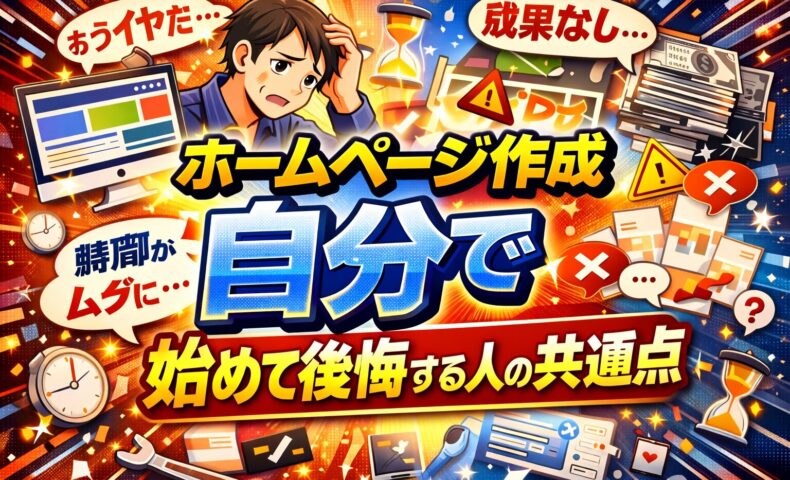 ホームページ作成を自分で進めて順調に判断できている人と、迷いや不安を抱え立ち止まる人の違いを、対比構図で分かりやすく示している