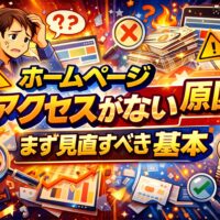 ホームページの前で悩む人物とアクセス数が伸びないグラフを対比し、ホームページ アクセスがない原因と判断の分かれ目を示している