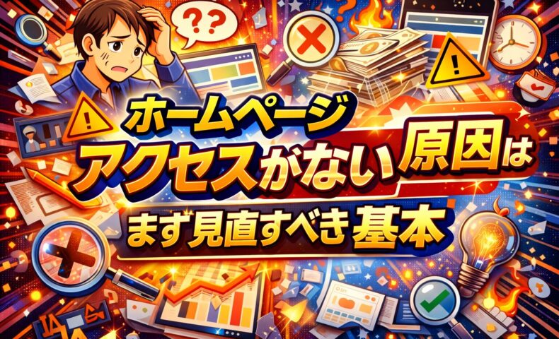 ホームページの前で悩む人物とアクセス数が伸びないグラフを対比し、ホームページ アクセスがない原因と判断の分かれ目を示している