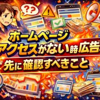 アクセスが伸びず悩む事業主と警告マーク、広告や書類が散乱する構図で、ホームページ アクセスがない状態で広告前に確認すべき視点を示している