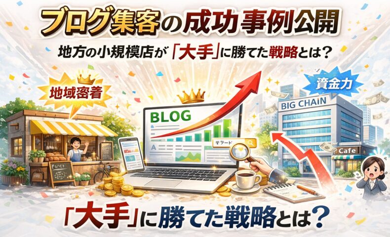ブログ集客で地方の小規模店が大手に勝つ成功戦略を表現した白背景のアイキャッチ。上昇グラフと店舗アイコンで売上アップと集客改善を示すビジュアル