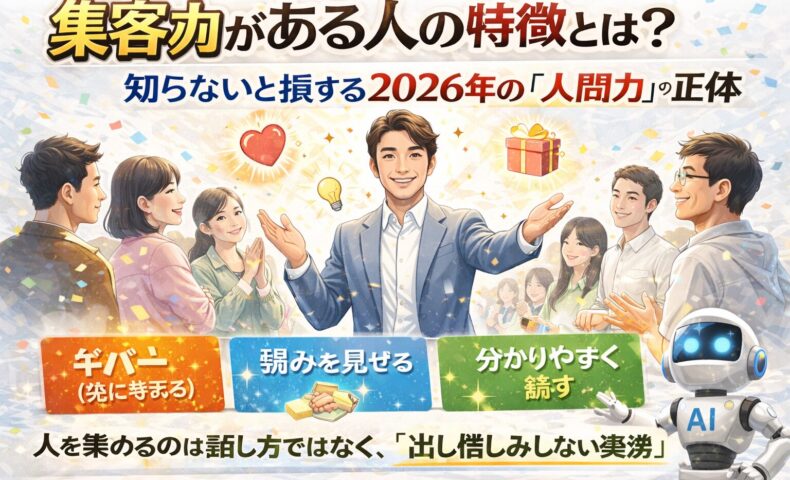 集客力がある人の特徴を解説する白背景アイキャッチ。人に囲まれて笑顔で手を広げるリーダーと、ギバー・弱みの開示・分かりやすく話すなどの要素を図解したビジュアル
