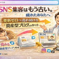 sns集客はもう古いと訴求するInstagram風デザインのアイキャッチ。SNSに疲れた男性と、ブログで自動集客を実現する人物を対比し資産型ブログの仕組みを表現
