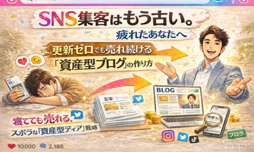 sns集客はもう古いと訴求するInstagram風デザインのアイキャッチ。SNSに疲れた男性と、ブログで自動集客を実現する人物を対比し資産型ブログの仕組みを表現