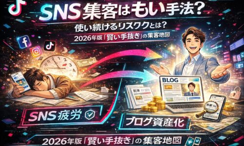 sns集客はもう古いと訴求するTikTok風デザインのアイキャッチ。SNS疲労で消耗する男性とブログ資産化で自動集客を実現するビジネスマンを対比した集客戦略ビジュアル