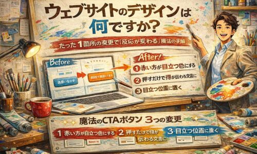 ウェブサイトのデザインは何ですかという疑問に答える、キャンパスに描かれたサイト設計図とCTAボタン改善例を示すデザイン解説アイキャッチ画像