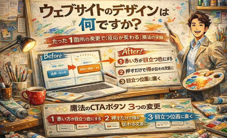ウェブサイトのデザインは何ですかという疑問に答える、キャンパスに描かれたサイト設計図とCTAボタン改善例を示すデザイン解説アイキャッチ画像