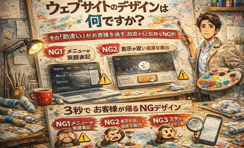 ウェブサイトのデザインは何ですかを解説するキャンパス風アイキャッチ。絵の具やイーゼル背景でNGデザイン例とユーザビリティ改善ポイントを示すWeb改善イラスト