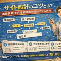 設計図の背景にサイト構造図と矢印が描かれ、サイト設計によって指名検索と集客力を高めるWeb戦略を表現したビジュアル