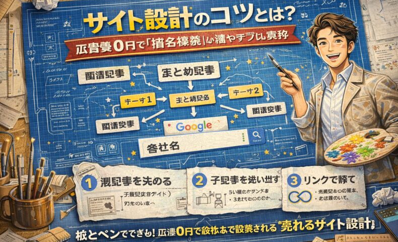 設計図の背景にサイト構造図と矢印が描かれ、サイト設計によって指名検索と集客力を高めるWeb戦略を表現したビジュアル
