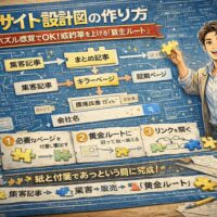 サイト設計の流れを設計図風に描いたブループリント背景で、ページ構成と黄金ルートをパズルのように組み立てるWeb集客戦略イラスト