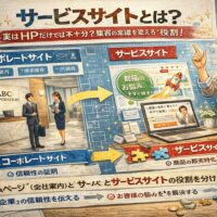 サービスサイトとは何かを解説するイラスト。コーポレートサイトとサービスサイトの役割を比較し、集客と販売に特化したサイト設計の違いを図解で示したビジネス向けアイキャッチ画像