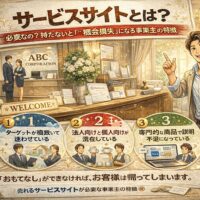おもてなしの空間で顧客を迎え入れる店舗イメージを背景に、サービスサイトとは売上を生む専用Webサイトであることを表現した集客戦略コンセプトビジュアル