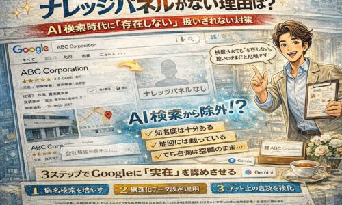 ナレッジパネルの表示有無を比較し、会社情報ボックスと検索結果画面が描かれたWebブランディング対策イメージイラスト