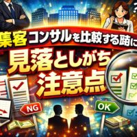 複数の集客コンサルを比較しながら、料金や実績だけで判断せず注意点を見極めようと考える人物の様子を表現している構図