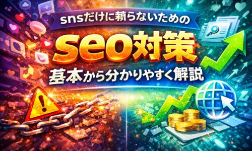 sns集客への依存から脱却し、seo対策によって検索流入と安定した成果を積み上げていく構造を視覚的に表現している