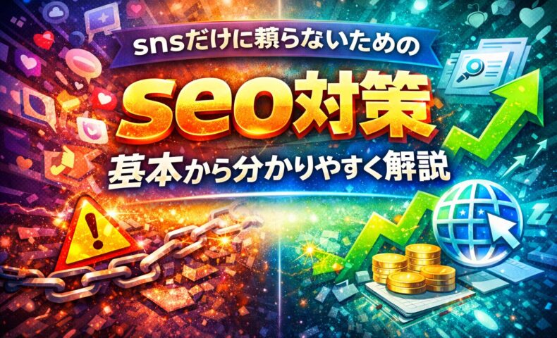 sns集客への依存から脱却し、seo対策によって検索流入と安定した成果を積み上げていく構造を視覚的に表現している