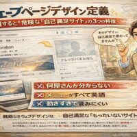 ウェブページデザインの定義を解説し、自己満足サイトの危険な特徴と正しい設計改善ポイントを示すイラスト