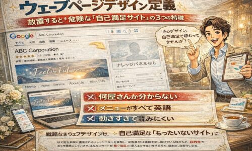 ウェブページデザインの定義を解説し、自己満足サイトの危険な特徴と正しい設計改善ポイントを示すイラスト