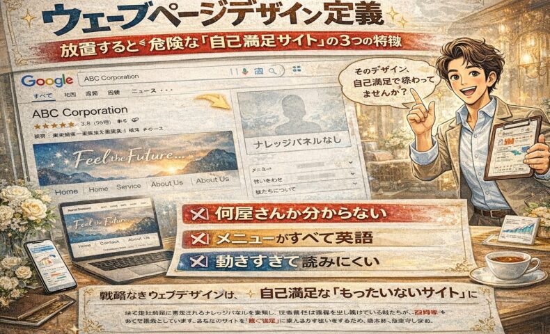 ウェブページデザインの定義を解説し、自己満足サイトの危険な特徴と正しい設計改善ポイントを示すイラスト