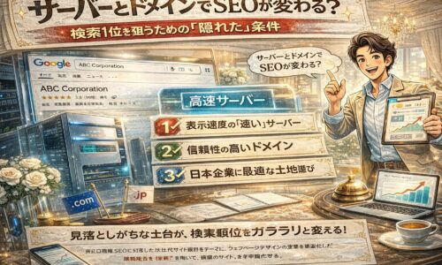 サーバーとドメインの違いを視覚的に解説し、表示速度とSEO順位の関係をおもてなしの世界観で表現したWeb集客アイキャッチ画像