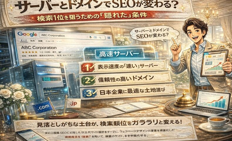 サーバーとドメインの違いを視覚的に解説し、表示速度とSEO順位の関係をおもてなしの世界観で表現したWeb集客アイキャッチ画像