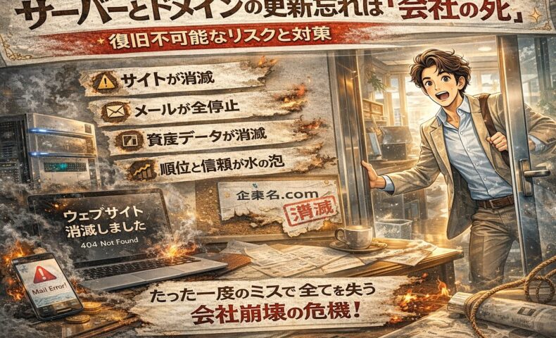朝出勤した社員がサイト消失に驚く様子と、期限切れを示すサーバーとドメインのトラブルを表現したイラスト