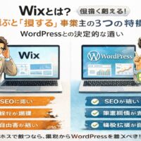 Wixとは何かを解説し、WixとWordPressの違いを比較して集客に強いホームページ選びを示すシンプルな対比アイキャッチ画像