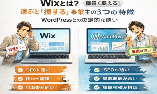 Wixとは何かを解説し、WixとWordPressの違いを比較して集客に強いホームページ選びを示すシンプルな対比アイキャッチ画像