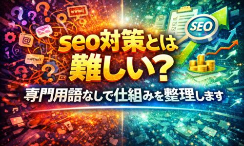 seo対策とは何かを、混乱した状態と整理された成果の対比で示し、仕組みを分かりやすく理解できる構成を表現している