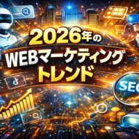 2026年のWEBマーケティングトレンドを象徴するAI、動画、SEO、仮想体験、データ活用が都市空間と融合した未来的ビジュアル構成