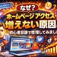 ホームページのアクセスが増えない原因に悩む初心者が、検索やSNS、数字の低下を前に戸惑っている様子を表現し、集客の壁を可視化している