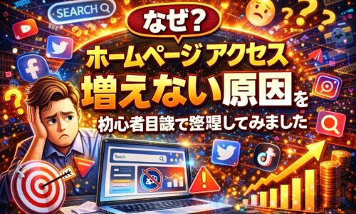 ホームページのアクセスが増えない原因に悩む初心者が、検索やSNS、数字の低下を前に戸惑っている様子を表現し、集客の壁を可視化している