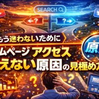 分岐点で立ち止まり原因を探す人物と検索・分析アイコンを通じて、ホームページ アクセス 増えない原因を見極める状況を表現したビジュアル