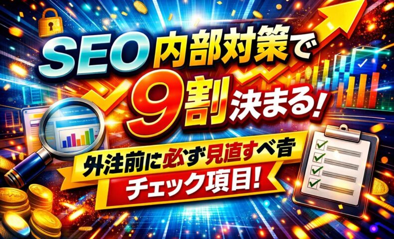 seo 内部対策で成果の9割が決まることを強調し、上昇グラフやチェックリストで外注前に見直す重要ポイントを示しているビジュアル