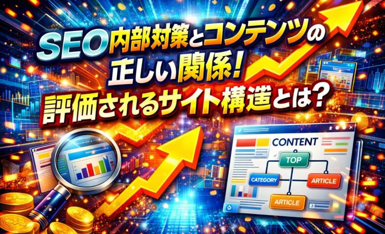 seo 内部対策とコンテンツの関係性を強調し、構造設計によって評価されるサイト全体像を示すインパクトのあるビジュアル表現