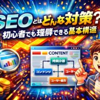 seo とはどんな対策かを初心者向けに示し、内部対策・コンテンツ・ユーザー体験の基本構造を強調する要点ビジュアル