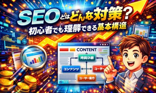 seo とはどんな対策かを初心者向けに示し、内部対策・コンテンツ・ユーザー体験の基本構造を強調する要点ビジュアル