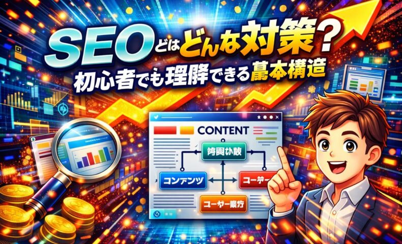 seo とはどんな対策かを初心者向けに示し、内部対策・コンテンツ・ユーザー体験の基本構造を強調する要点ビジュアル