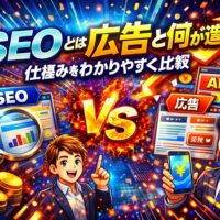 seo と広告の違いを対比構造で示し、自然検索と広告配信の仕組みや費用対効果の考え方を分かりやすく整理した構成