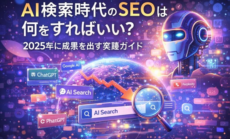 AI検索時代におけるSEOの考え方を示し、検索結果・AI回答・可視性の変化を視覚的に整理した未来的なデジタル構成