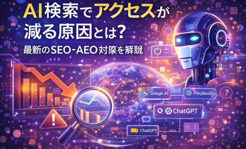 AI検索の普及により検索結果画面で回答が完結し、サイトへのアクセスが減る原因と構造変化を示す未来的なデジタル空間の表現