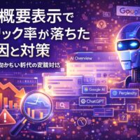 AI概要表示によって検索結果上でクリック率が落ちた状況を示す、下降グラフとAI検索画面、分析を象徴するビジュアル構成