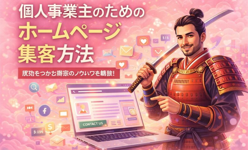 薄いピンク背景に、個人事業主がホームページ集客を仕組み化し、安定した問い合わせ導線を構築する考え方を示したビジュアル構成